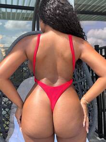 Alexandranx Conjunto de ropa para la playa en primavera para mujer, traje de baño de una pieza sexy con escote profundo en V, corte alto y espalda abierta - Rojo - Ver 2