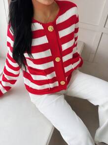 INAWLY Damen gestreifter, langer Arm, einreihiger, locker sitzender Lässig Cardigan mit Tasche - Rot-Weiß - Übersicht 6