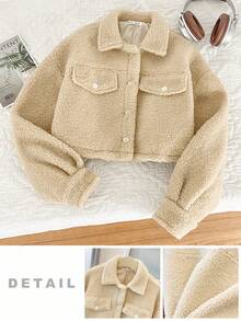 SHEIN Teen Girls Solid Color Faux Fur Collar Loose Casual Short Sleeve Cropped Jacket,Plush Teddy Jacket Beige Autumn Y2k Farewell Back-To-School - Khaki - View 1