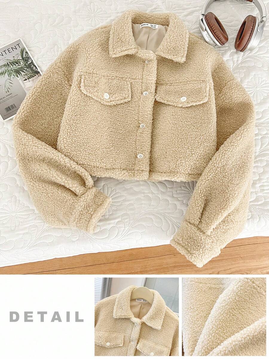 SHEIN Teen Girls Solid Color Faux Fur Collar Loose Casual Short Sleeve Cropped Jacket,Plush Teddy Jacket Beige Autumn Y2k Farewell Back-To-School - Khaki - View 1