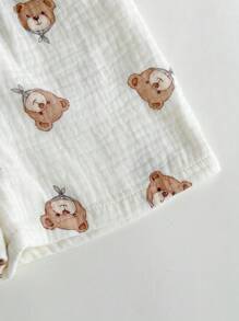 Loomiva 2 Stücke Set für Jungen mit Cartoon-Bären-Print, Rundhalsausschnitt, kurzärmeliges Henley-Top und Shorts mit elastischer Taille. Sommer-2 Stücke Set für Jungen aus Musselin für Babys, Leinen-Set für Kleinkinder, Hemd-Sets für Kleinkinder, Sommer-Gaze-Oberteile