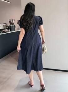 Dazy Plus 深水洗蓝色圆领泡泡袖收腰短款牛仔连衣裙