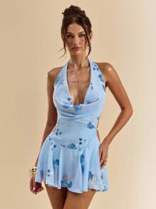 SHEIN BAE Women's Floral Sequin Halter Backless Mini Dress,Party Dress - Baby Blue - View 3