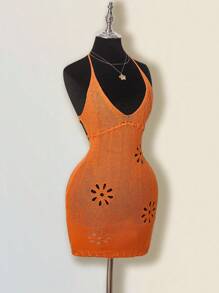 SHEIN ICON 夏季性感纯色镂空露背吊带针织连衣裙 - 橘色 - 查看 3