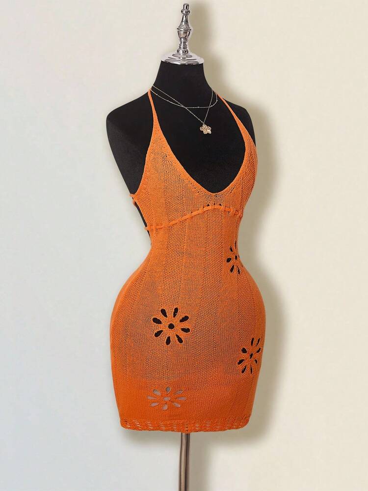 SHEIN ICON Summer Sexy Solid Color Hollow Out Backless Halter Knit Dress - Orange - View 3