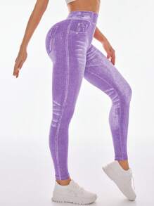 Easithlete Quần legging tập yoga in họa tiết denim cạp cao cho nữ - Màu tím hoa cà - Xem 7