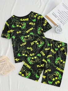 2pcs Teenage Boys' Black Minimalist Video Game Graphic Printed Short Sleeve Tee & Shorts Pajama Set - Multicolor - View 2