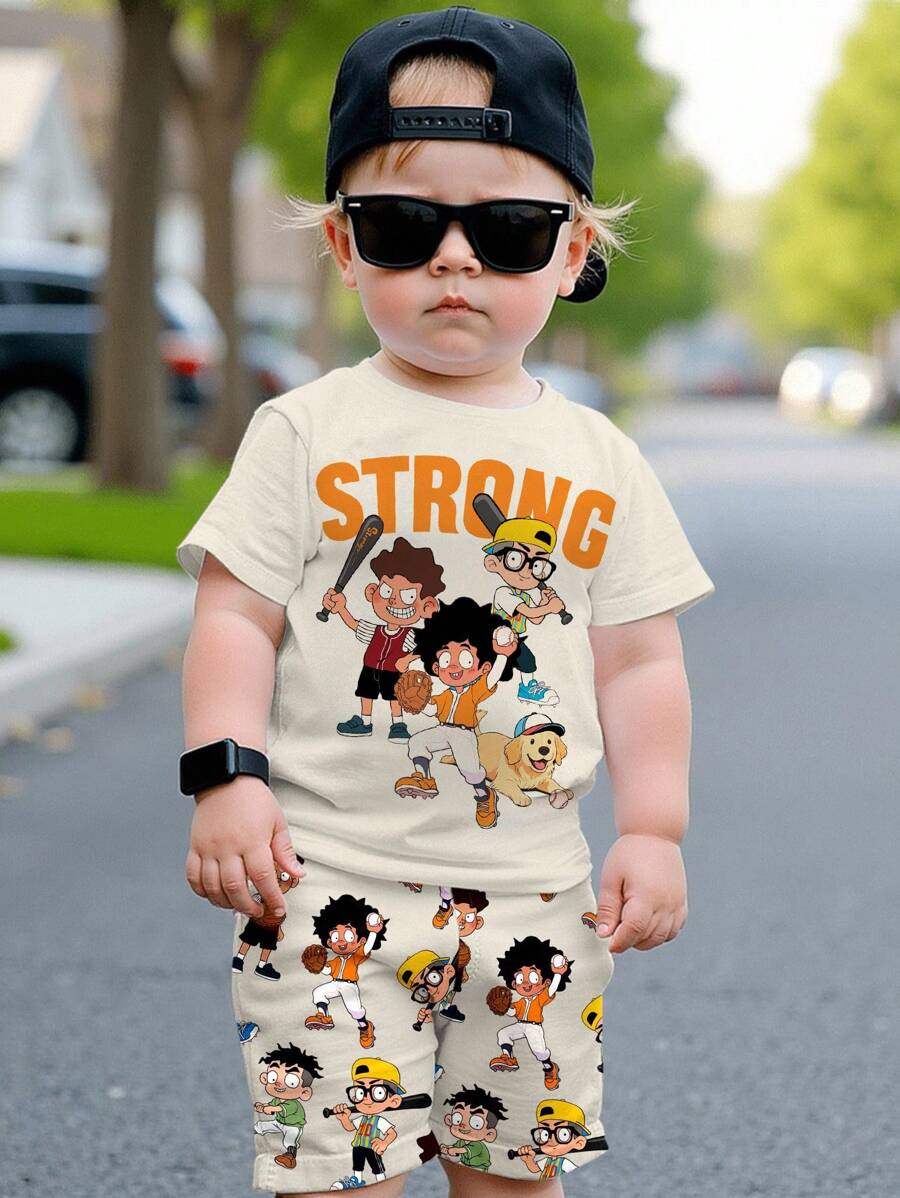 Niño soldado travieso, DIBUJOS ANIMADOS, Colección Favorita de Niños, Básicos Cotidianos, Niños Felices, Colores Pastel para Niños, Estilo Motero, Viaje Familiar, Días Felices, Amo a Mamá, Amo a Papá, Hogar Encantador, Niños Geniales, Conjunto de Camiseta de Manga Corta de Cuello Redondo Simple y Pantalones Cortos para Niño Pequeño Casual, Adecuado para el Verano - Multicolor - Ver 1