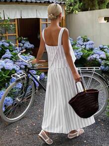 DAZY 2 Stücke/Set Damen gestreifter Tank Top mit quadratischem Ausschnitt und plissiertem Saum und Rockteil, Lässig Sommer