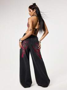 ROMWE Grunge Punk Punk Post-Apocalyptic Cross & Vine Distressed Wash Extra Loose Straight Leg Extra-Long Denim Trousers