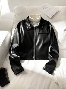 SHEIN Tween Girl Casual Streetwear Style Lapel PU Metal Zipper Front Cropped Jacket, Black Black Leather Jacket Cropped Leather Jacket Faux Leather Jacket Black Cropped Jacket,In Fall/Winter