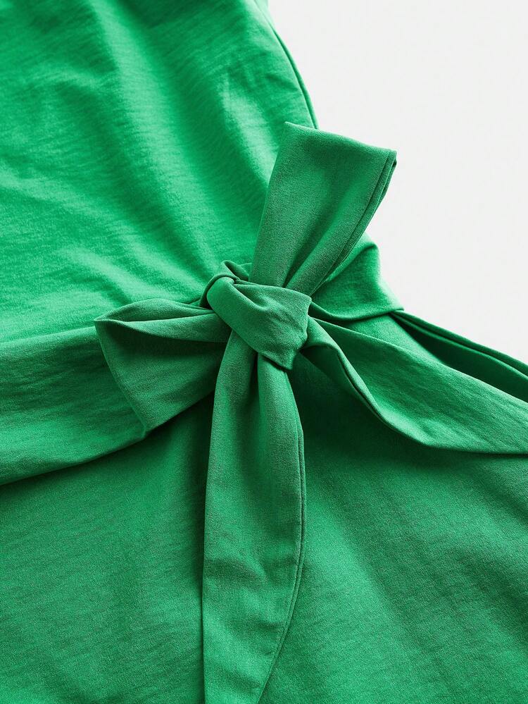 SHEIN Maija 2025 Autumn/Winter New Green Asymmetrical Cut Asymmetric Shoulder Design Bowknot Waist Ruched Shoulder Dress, Modern Elegant Urban Romantic Refined Y2K Country Music Festival Vintage Korean Airport Travel Street Wedding Guest Birthday Halloween Business Casual Office Date Party Outing Airport Back To School Fall/Winter Women