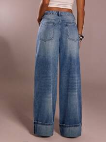 Avantive 夏季新款低腰磨边下摆灰蓝色水洗牛仔休闲百搭阔腿牛仔裤 - 藍色 - 查看 2