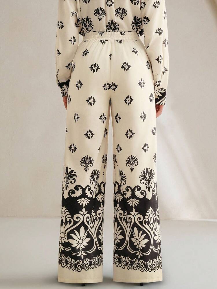 Vintage Niche Black Asymmetric Print High Waist Loose Wide-Leg Pants