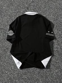 PAVTROS 男士休闲通勤 Polo 衫，带图案标语，短袖橄榄球衫，男士时尚纽约衬衫 - 黑與白 - 查看 2