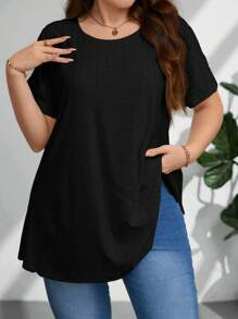 Firerie 加大码优雅休闲度假简约纯色 A 字中长加大码短袖夏季 T 恤，宽松穿孔纹理弹力面料，适合办公室穿着，白色 - 黑色 - 查看 2