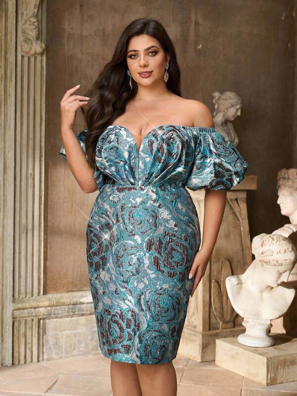 Aureia Plus Size Summer Elegant Romantic Gorgeous Blue Jacquard Satin One Shoulder Pleated Bubble Lantern Sleeves Chest Pleated Slim Fit Hip Back Slit Suitable For Dinner Bachelorette Party Date Vacation Graduation Season Dance Wedding Event  Back To School  Cocktail Dress Homecoming Dress Birthday Outfits For Women