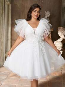 Aureia 加大码夏季优雅浪漫华丽白色网眼刺绣拼接网眼甜心领口不对称荷叶边袖子奢华贴花设计蓬松连衣裙适合晚餐单身派对约会生日节日婚礼活动新娘送礼会礼服全白派对服装女士约会夜服装女士 - 白色 - 查看 7