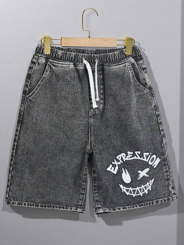 Jeansshorts für Teenager Jungen, lässiges Modedesign mit Kombi-Prints, elastischer Kordelzug in der Mitte der Taille, lockere, gerade geschnittene 5-Zoll-Distressed-Jeansshorts, personalisierter Vintage-Street-Casual-Urlaubsstil