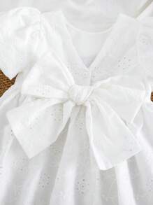 Cozy Pixies Baby Girl Big Bow Decor Round Neck Ruffle Short Sleeve Cinched Waist A-Line Dress - White - View 5