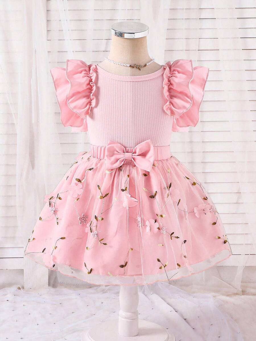 Glamorique Kids Conjunto de Camisole de Malha Franzida e Saia Tule de Bordado 3D para Meninas Jovens - Rosa chiclete - Visão 1