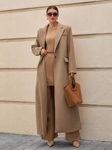 CLARA VERO Áo khoác len cổ ve dài tay cổ điển dài thêm túi màu trơn cho nữ, Áo khoác, Áo khoác, Quần áo mùa đông, Áo khoác - Lạc đà - Xem 5