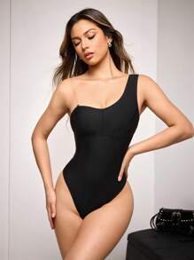 SuitURBody Asymmetrical Strap Transparent Shoulder Strap Bodysuit, Slimming Waist Casual Minimalist Style Comfortable Romper For Women - Black - View 3