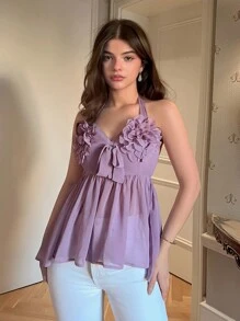 Elenzga Top de verano elegante tipo halter con aplicaciones de unicolor para mujeres