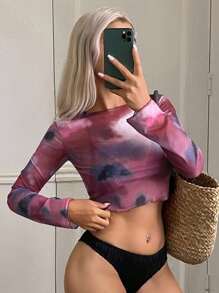 Livesso 1pc Women Tie Dye Round Neck Sheer Net Yarn Long Sleeve See-Through Cover-Up Beach - Purple - View 1