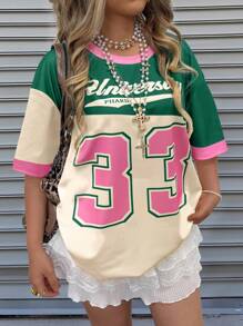 INAWLY Áo thun tay ngắn cổ tròn in chữ tương phản cho nữ, mùa hè, đa năng, thường ngày - Nhiều màu - Xem 3