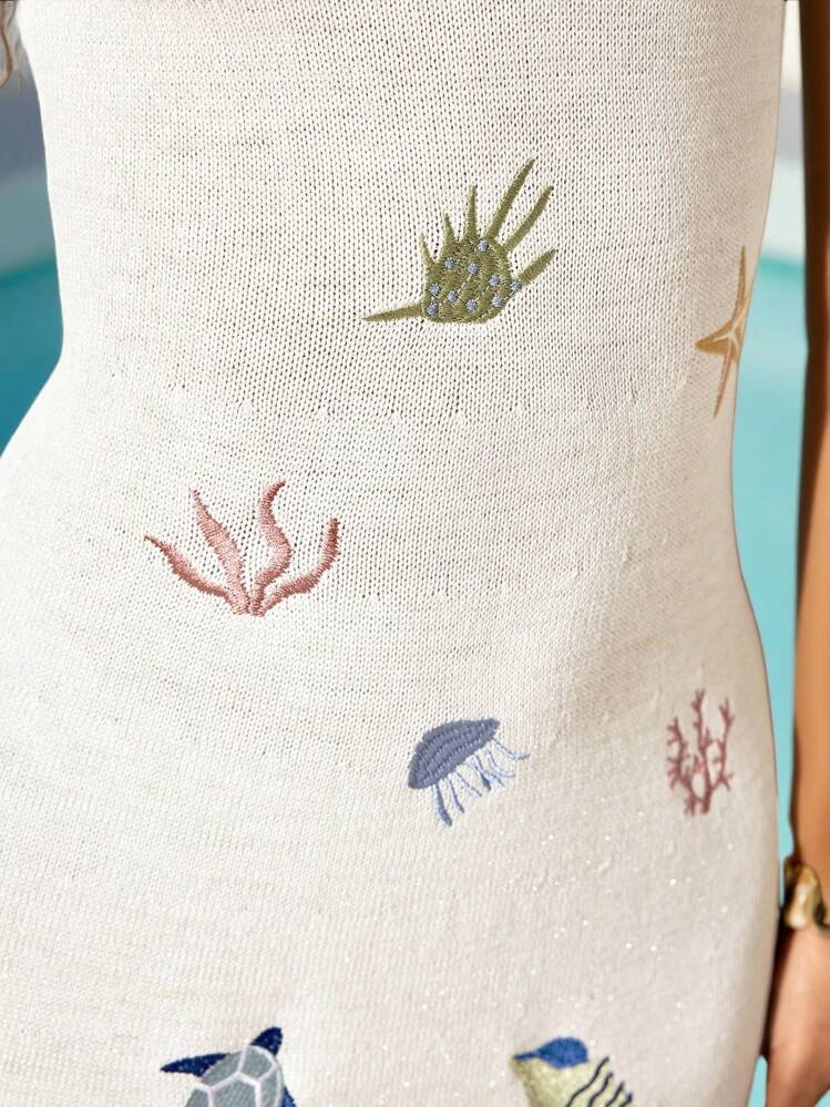 Easelle Vestido de Suéter con Estampado de Criaturas Marinas y Escote en V Profundo sin Mangas para Mujer - Blanco - Añade 6