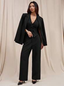 SHEIN PETITE Bộ vest ba mảnh dành cho nữ, bao gồm áo khoác vest + áo vest vest + quần vest, đi làm và thanh lịch, có thể sử dụng trong mọi mùa Thu/Đông - màu đen - Xem 3