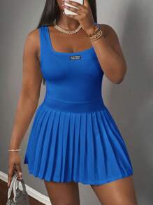 Slaydiva ملابس علوية كاجوال أساسية بياقة على شكل حرف U بلا أكمام، ذات ملصق أسود وكتابة بيضاء؛ تنورة قصيرة منسدلة مع شورت وكولوت من قماش تريكو أبيض، فستان نسائي على شكل خط A للربيع/الصيف - أزرق غامق - مشاهدة 3