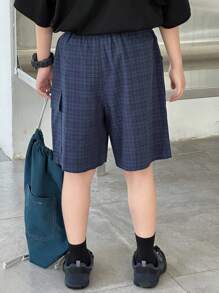 DAZY 青少年男孩松紧腰格子口袋宽松阔腿短裤 - 藏蓝色 - 查看 7