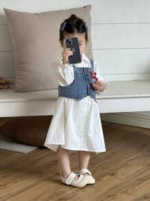 SHEIN Baby Girl Fashion Denim Overall Outfit With Shirt Dress And Vest, Suitable For Daily Wear, Casual Activities - Multicolor - View 4
