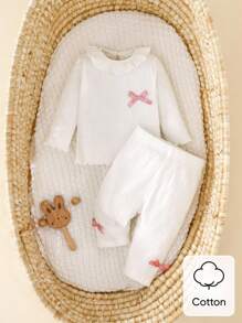 SHEIN 2 件套新生儿纯棉圆领长袖上衣和长裤套装，柔软舒适，设计简约，适合秋冬季 - 白色 - 查看 3