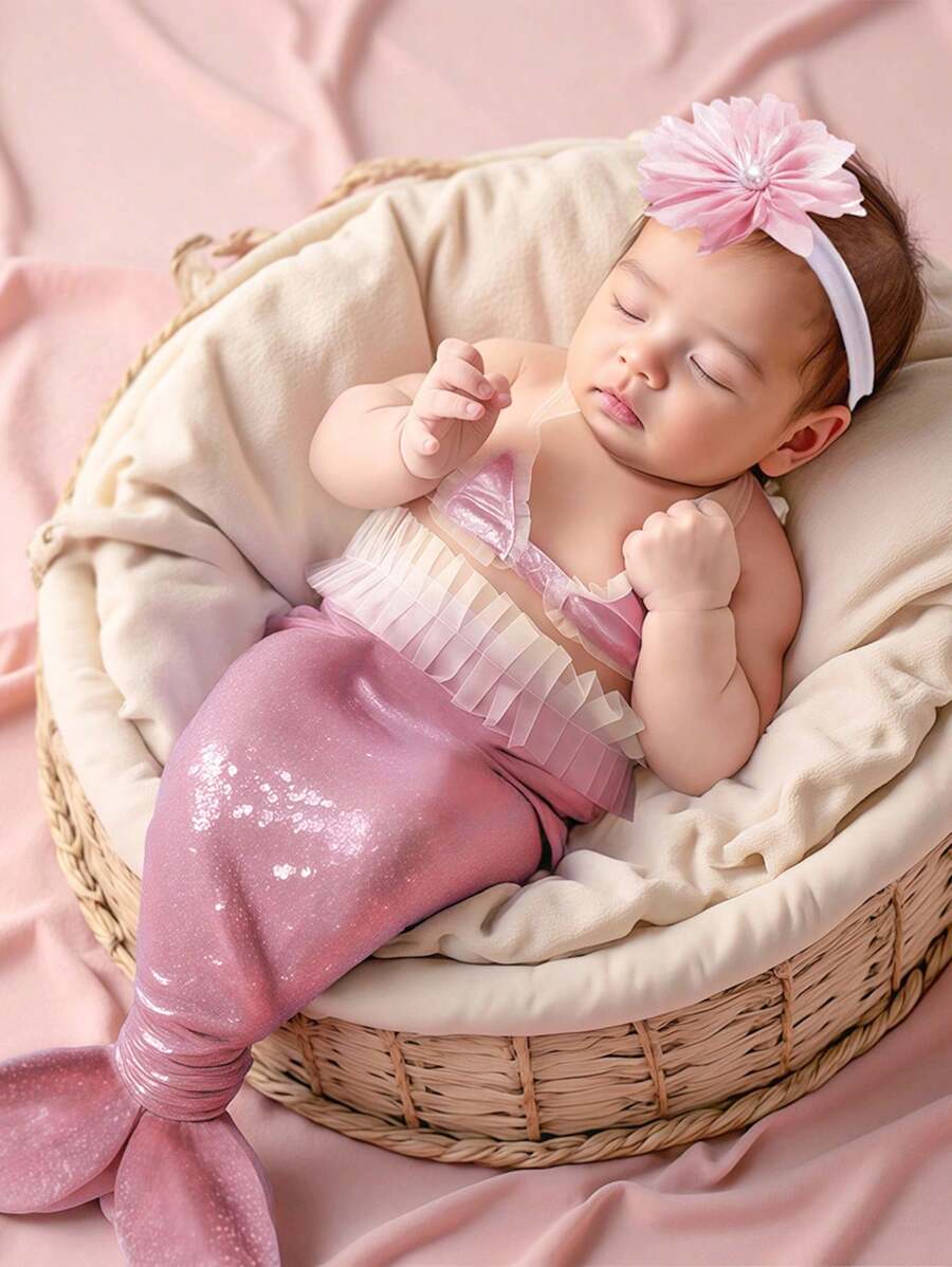 SHEIN 新生女婴闪亮美人鱼尾裙摄影道具套装 - 彩色 - 查看 1