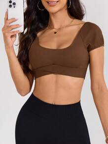 SHEIN Sports T-shirt court de sport pour femmes à manches raglan, col carré, couleur unie - Marron - Voir 5