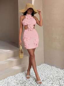 EURMUSE Women Handcrafted Crochet Floral Halter Cover Up Dress Beachwear Good Quality - Baby Pink - View 3
