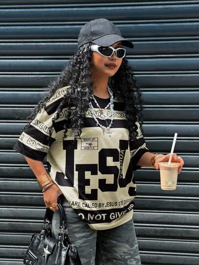 Rovax Women's Casual Contrast Color Striped Slogan Print Round Neck Short Sleeve T-Shirt