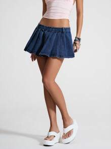 Jeanoix Women High Waisted Pleated Short Casual Denim Skirt
