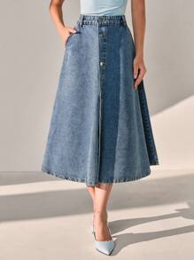 CLARA VERO Women High Waist Single-Breasted Pocket Casual A-Line Denim Skirt - Medium Wash - View 3