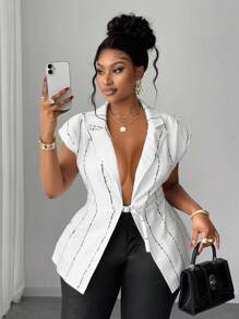 Maweii Plus Size Women Striped Distressed Lapel Waist Buckle Design Thin Blazer Jacket - White - View 2