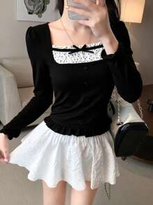 DAZY Women Casual Color Block Bow Short Sleeve T-Shirt Cute Top Milkmaid Top Long Sleeve Top