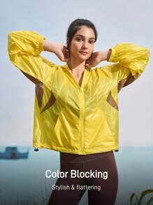 In My Nature Chaqueta de lluvia con capucha de manga larga y cremallera frontal de color contrastante para mujer, chaqueta casual de bloqueo de color para senderismo al aire libre, chaqueta para correr, chaqueta cortavientos de protección solar, chaqueta ligera, chaqueta de color amarillo y marrón, chaqueta de activewear, bloqueo de color, chaquetas de color contrastante, chaquetas protectoras contra el sol, chaquetas protectoras UV, a prueba de sol, verano, otoño, chaquetas de senderismo al aire libre, chaquetas transpirables, chaquetas translúcidas, chaqueta fluorescente amarilla - Amarillo - Ver 4