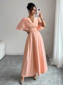 Elenzga New Design Women Polo Collar Waist Pleated Chiffon Patchwork Ruffle Sleeve Casual Daily Elegant Dress - Dusty Pink - View 7