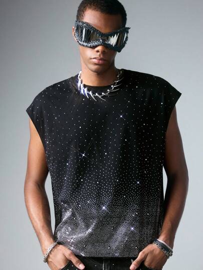 ROMWE Avant Débardeur décontracté ample à col rond avec imprimé de diamants scintillants pour hommes