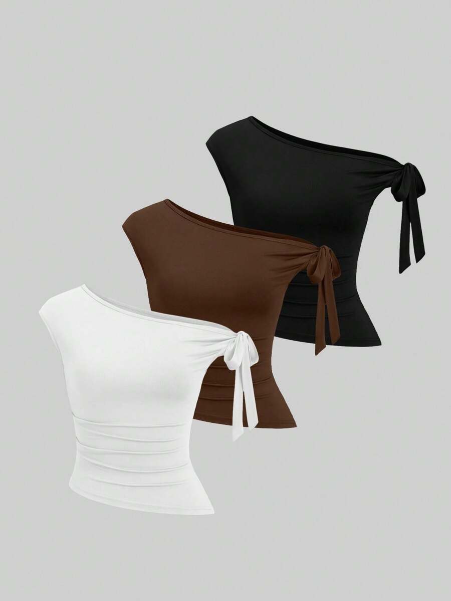 Sweetra Bộ 3 Áo thun trơn màu trơn thoải mái không đối xứng cho nữ - Nhiều màu - Xem 1