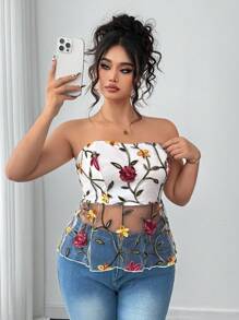Elenzga Elegant Fashion Embroidered Mesh Plus Size Women Crop Top