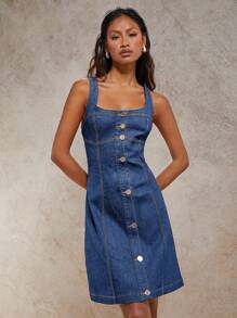 COSMINA Vestido vaquero elegante y estilizador sin mangas para mujer con hebilla metálica, adecuado para vacaciones, primavera/verano